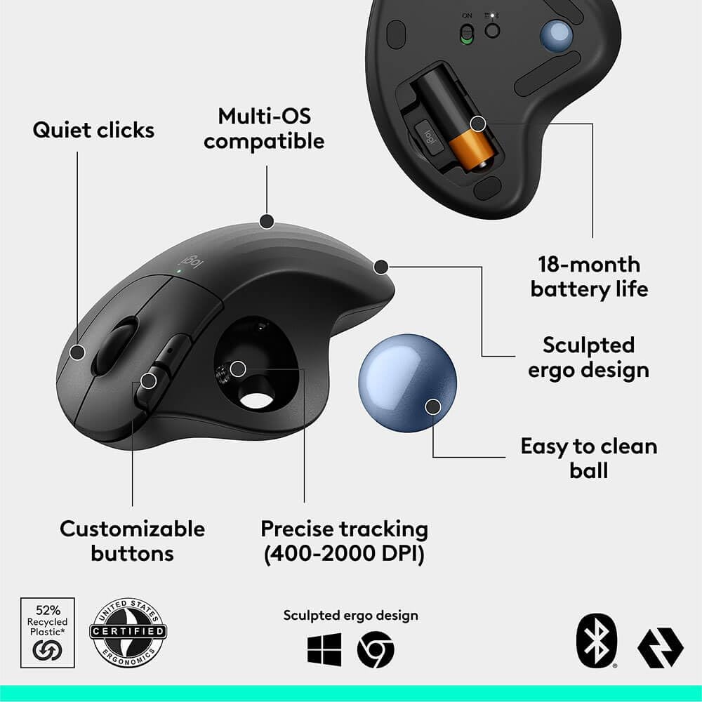 Wireless Ergonomic Trackball Mouse Black Z11439