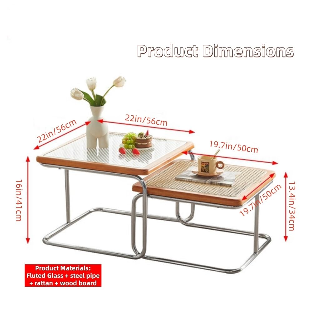 Set of 2 Square Nesting Coffee Tables Rattan Tempered Glass Brown M924939