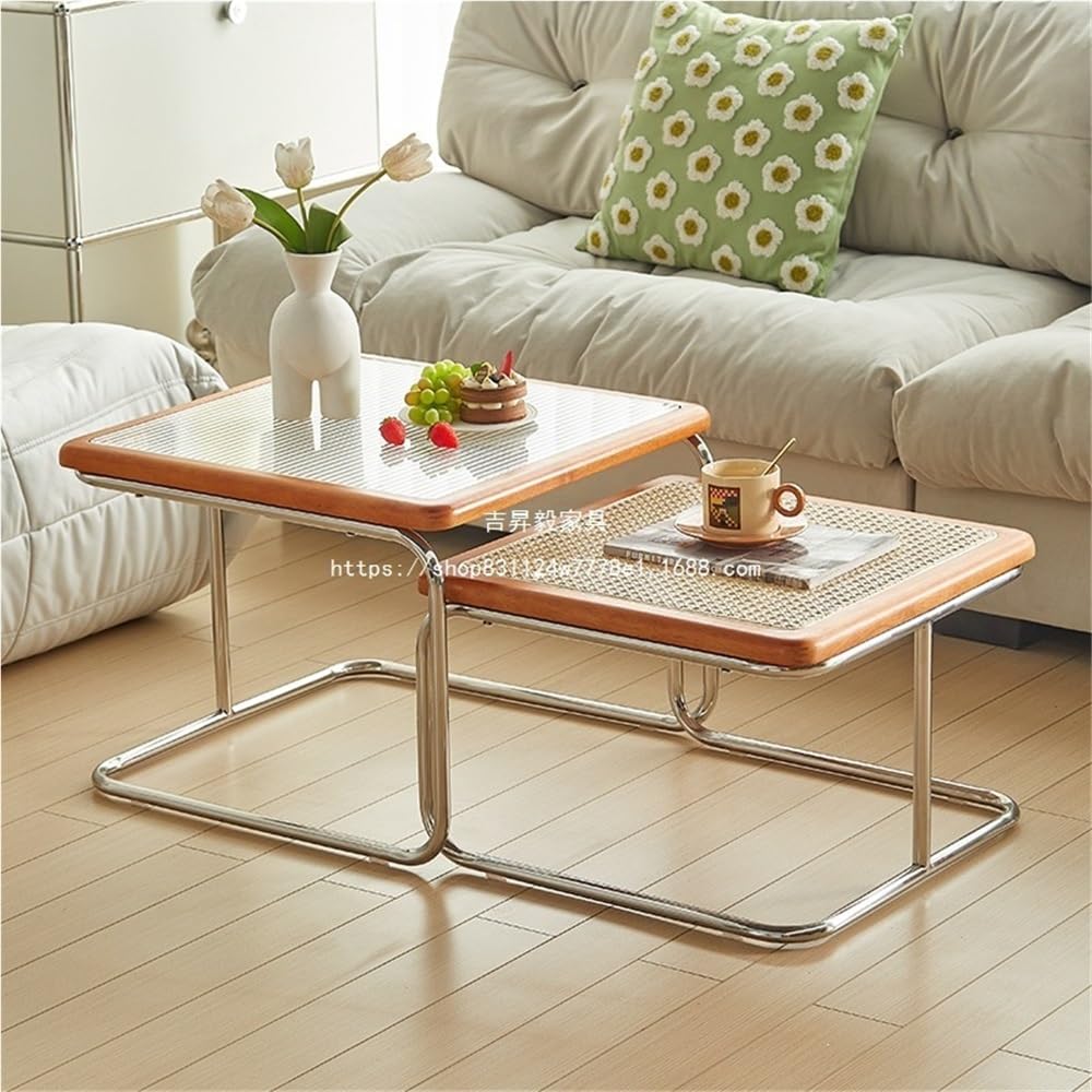 Set of 2 Square Nesting Coffee Tables Rattan Tempered Glass Brown M924939