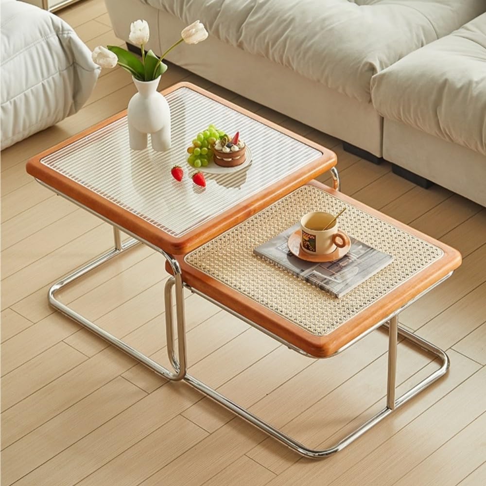 Set of 2 Square Nesting Coffee Tables Rattan Tempered Glass Brown M924939