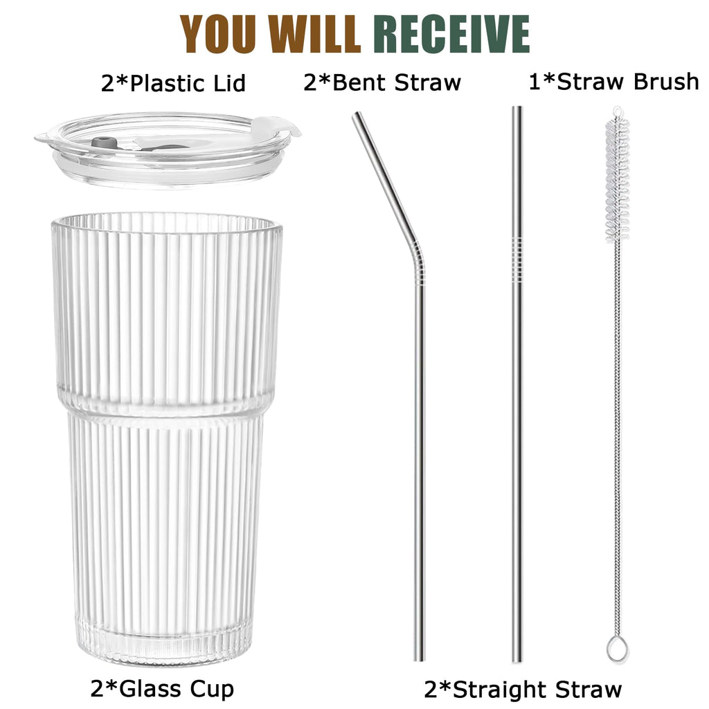 20 OZ Clear Ribbed Glass Cups with Lids and Straws 2 Pcs M3739