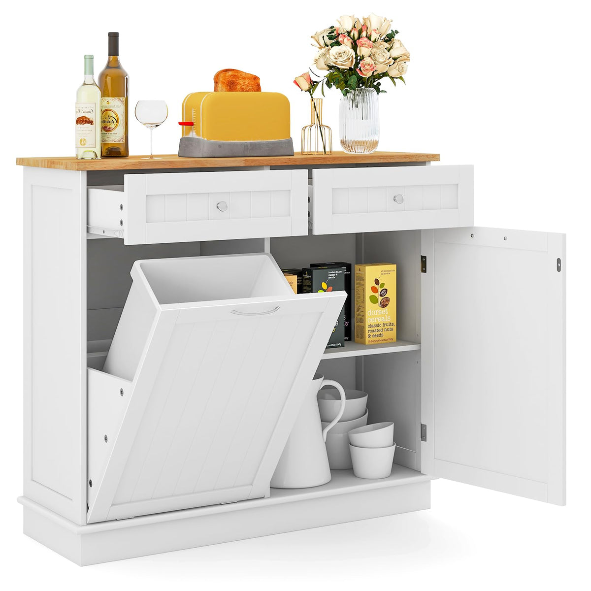 White Wooden Tilt Out Trash Bin Cabinet with Drawers G355