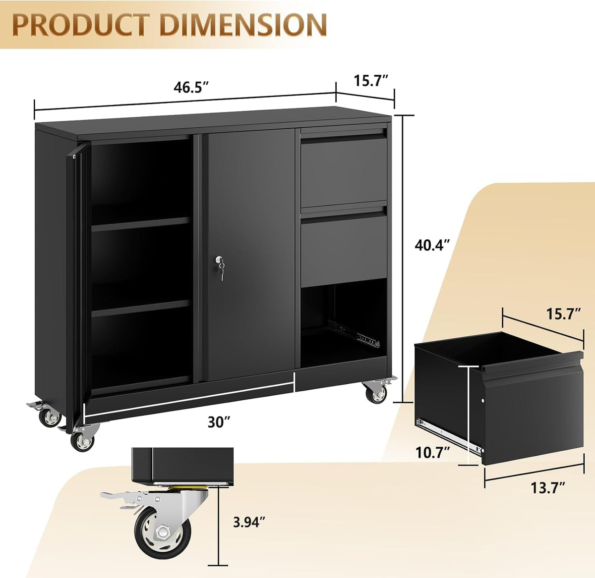 47" H 3 Drawer Black Rolling Metal File Cabinet with Adjustable Shelf & Wheels W2523