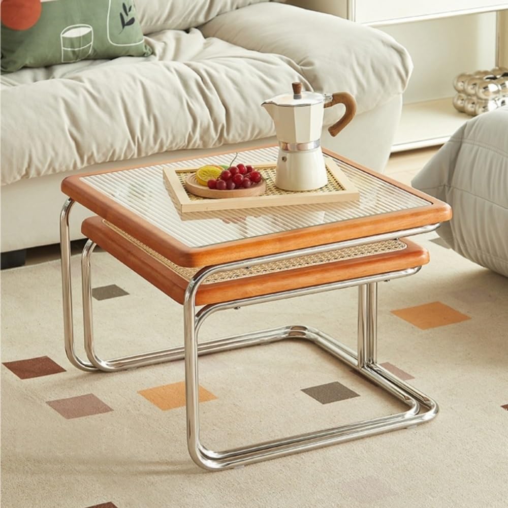 Set of 2 Square Nesting Coffee Tables Rattan Tempered Glass Brown M924939