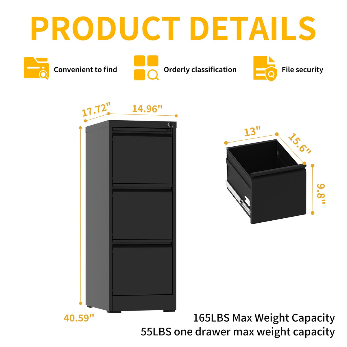 3 Drawer Black Metal File Cabinet with Lock B8594