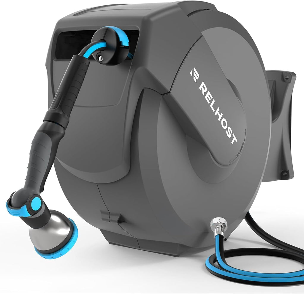 Retractable Garden Hose Reel, 1/2 in x 100 ft Wall Mount Heavy Duty with 10-Pattern Nozzle, Dark Grey L580106