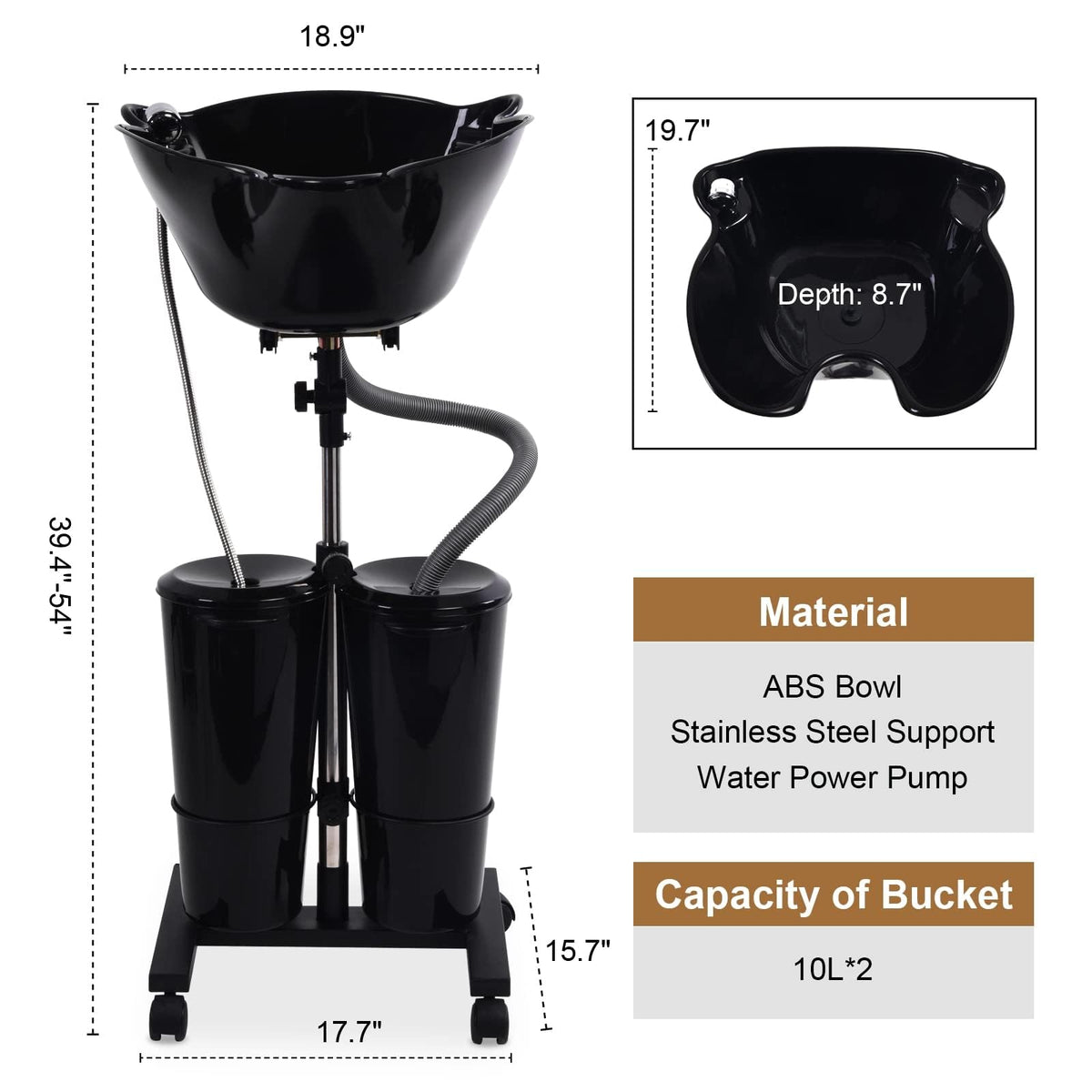 Portable Shampoo Bowl with Electric Pump and 2 Water Tanks, Height and Angle Adjustable Black L870011
