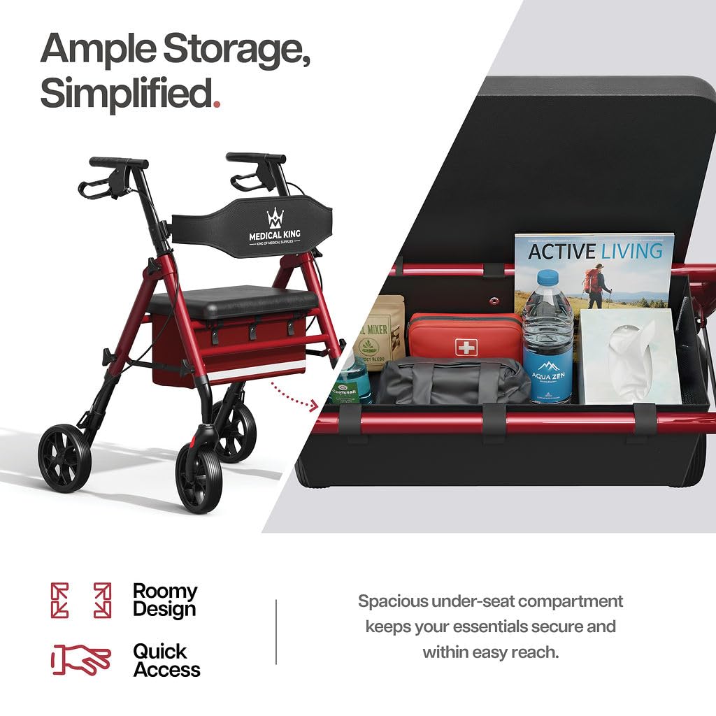 Foldable Rollator Walker with Seat, 8" Wheels, Red R60522