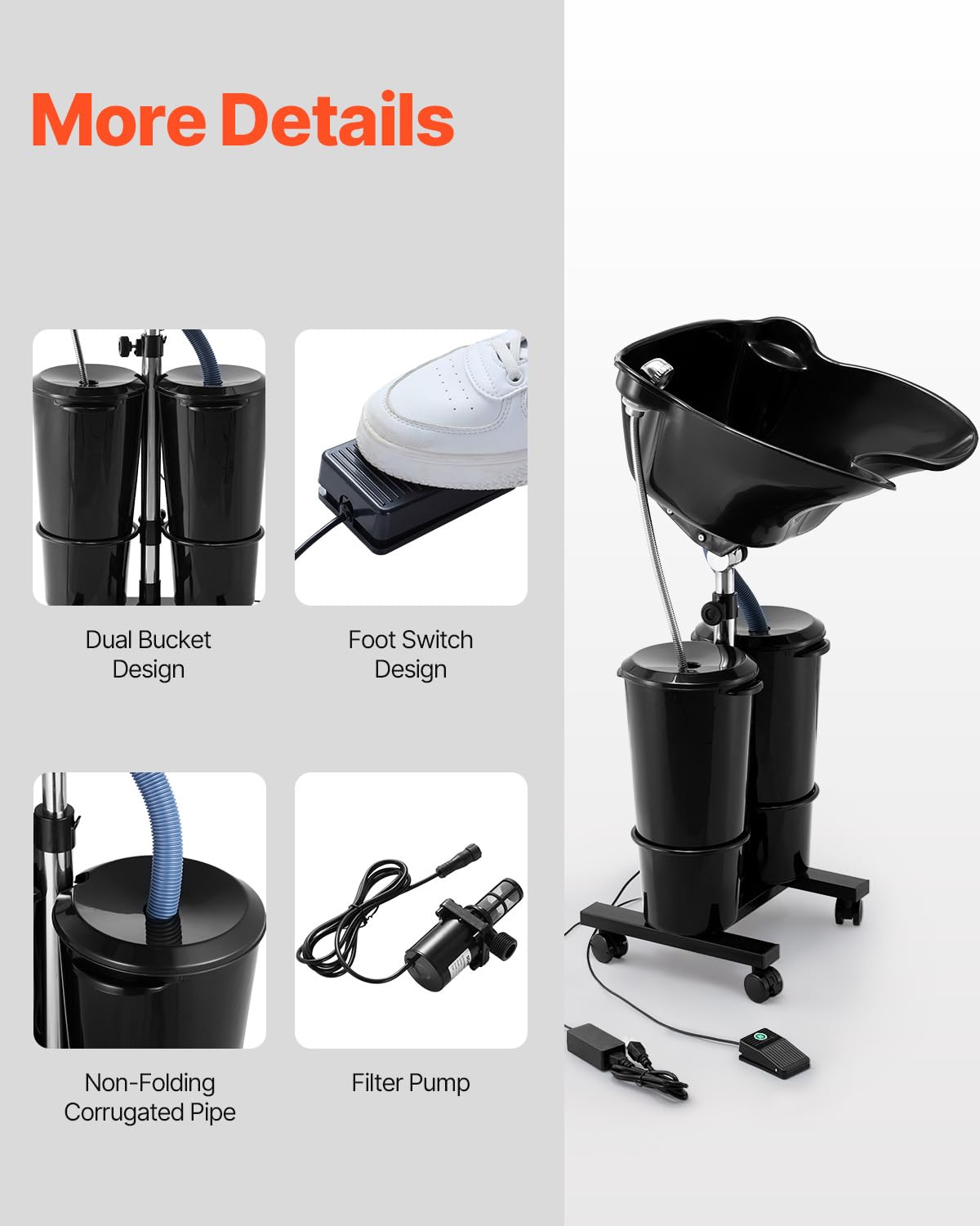 Portable Shampoo Bowl with Electric Pump, 2 Buckets, Black K6073