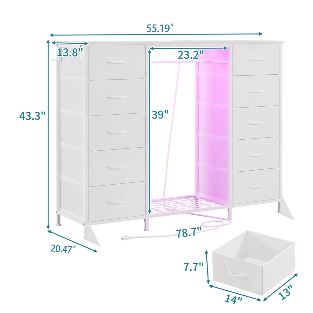 55"W Dresser with Hanging Rack, 10 Fabric Drawers & Hooks W18025