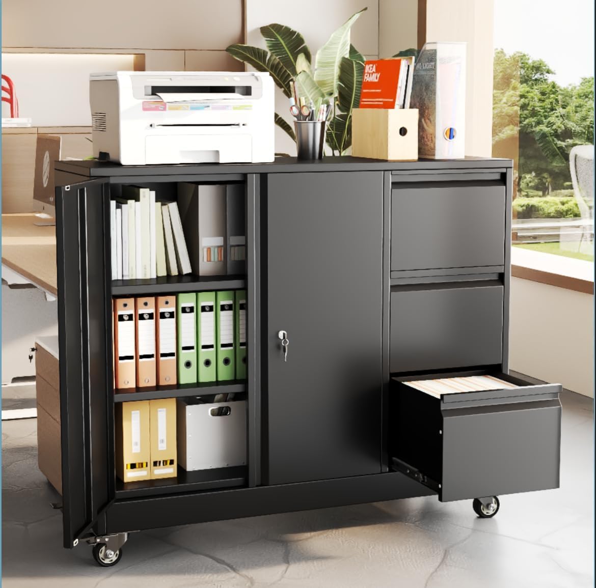 47" H 3 Drawer Black Rolling Metal File Cabinet with Adjustable Shelf & Wheels W2523