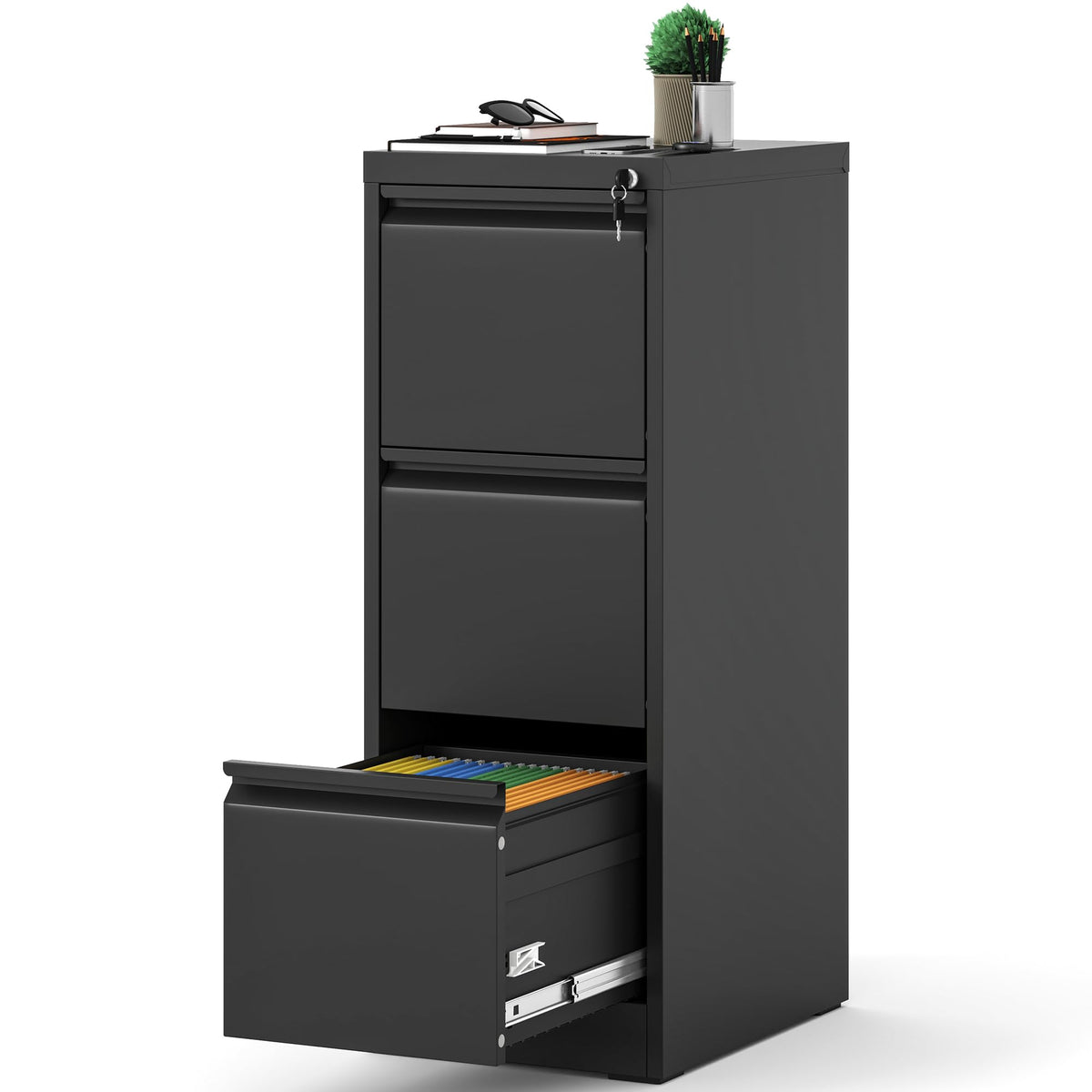3 Drawer Black Metal File Cabinet with Lock B8594