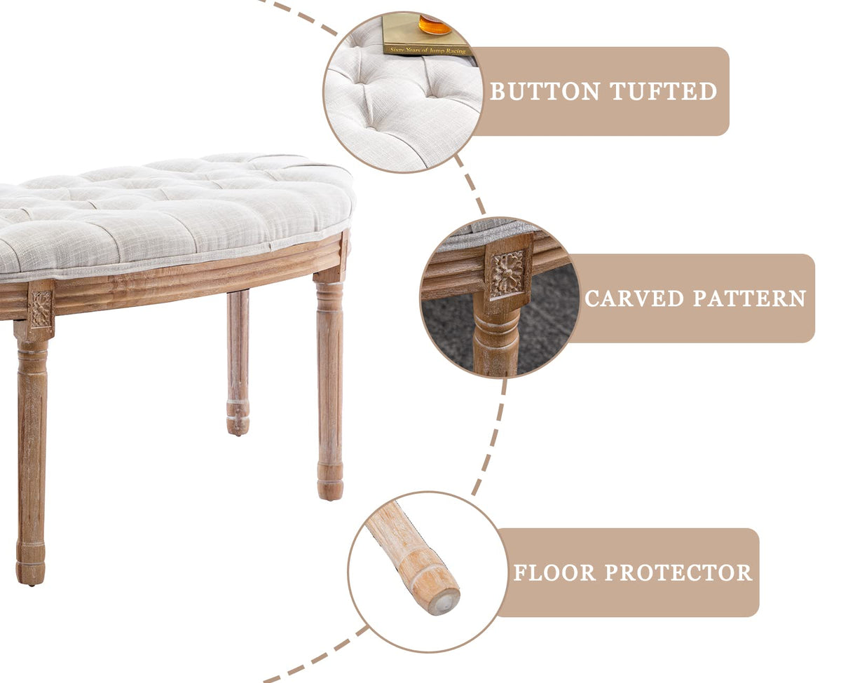 55" Upholstered Tufted Fabric Bench with Rubber Wood Legs, Beige P56621