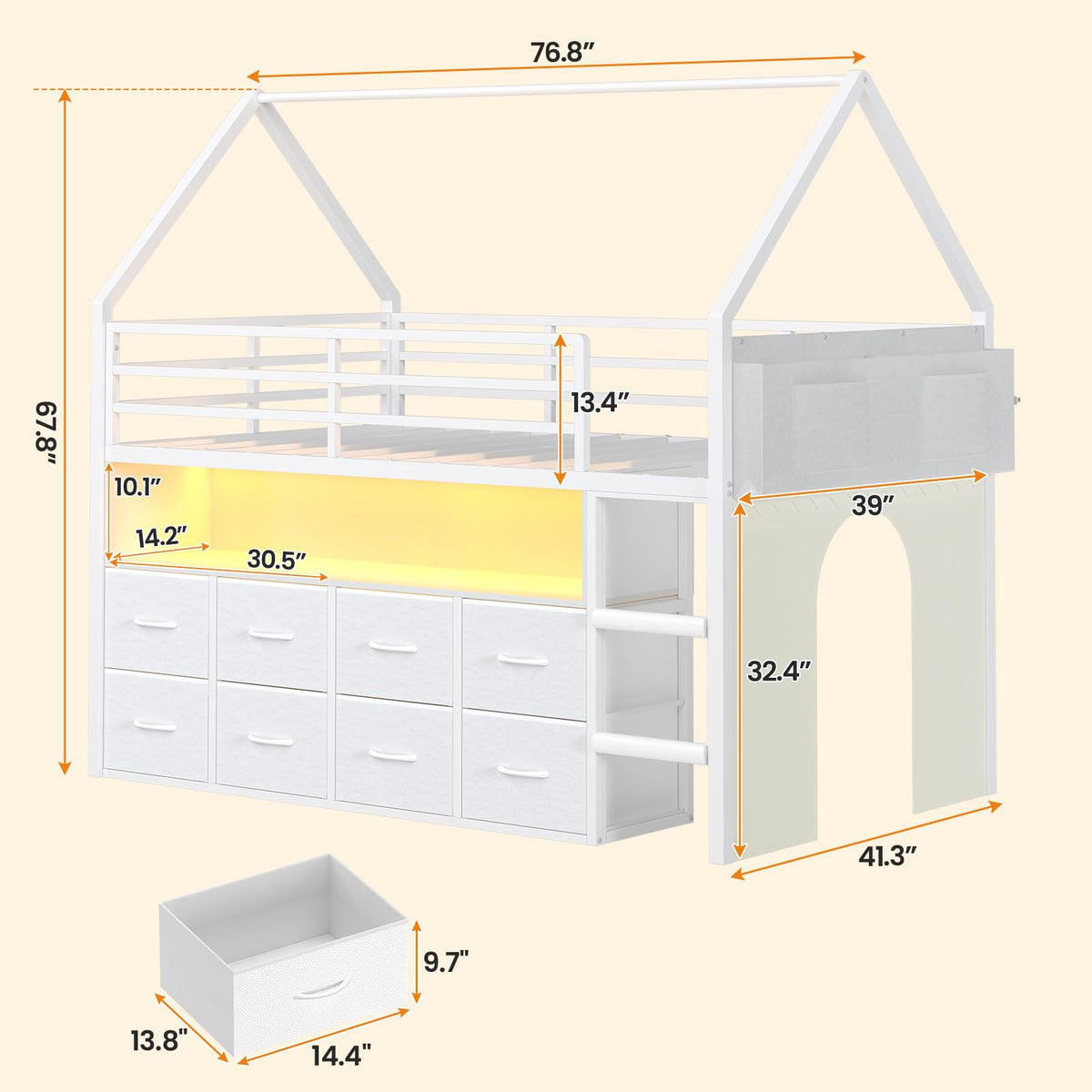 Twin Size Low Loft Bed with 8 Storage Drawers B616827