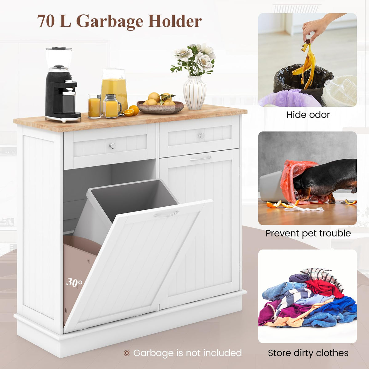White Wooden Tilt Out Trash Bin Cabinet with Drawers G355
