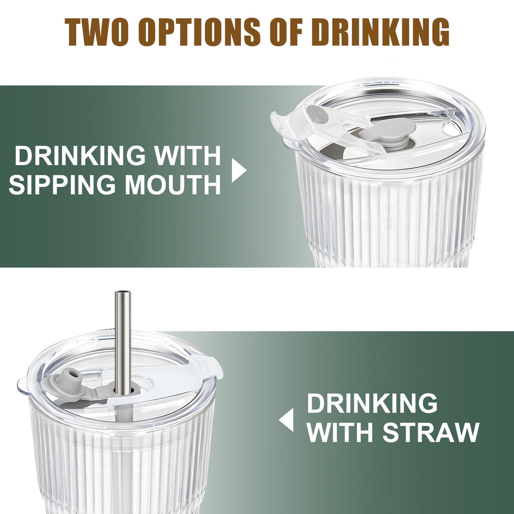 20 OZ Clear Ribbed Glass Cups with Lids and Straws 2 Pcs M3739