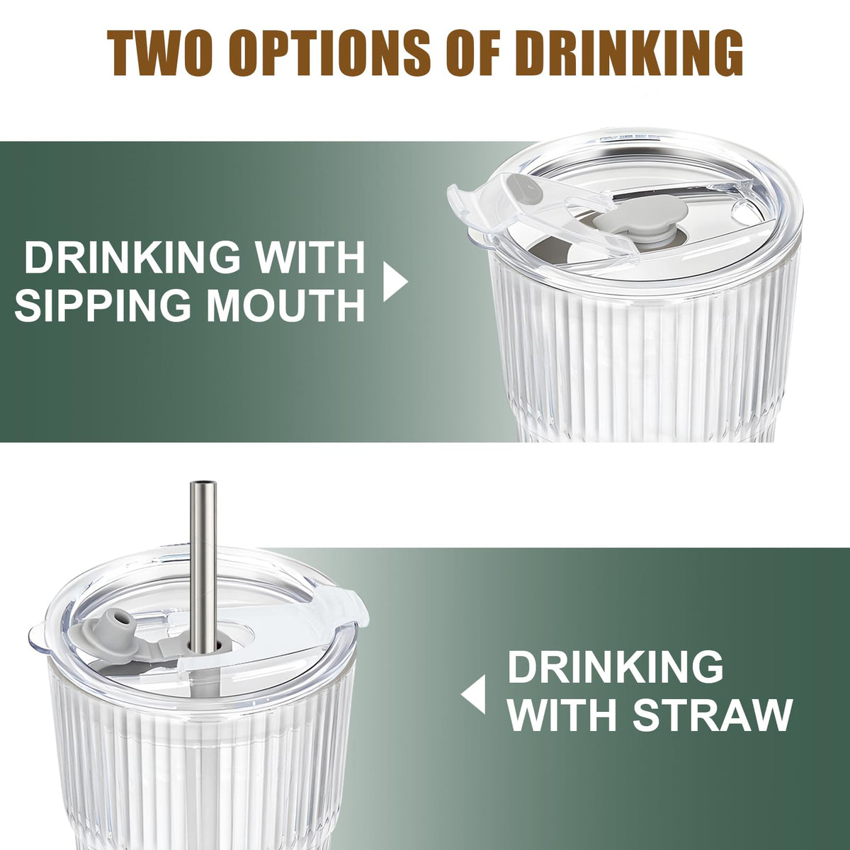 20 OZ Clear Ribbed Glass Cups with Lids and Straws 2 Pcs M3739