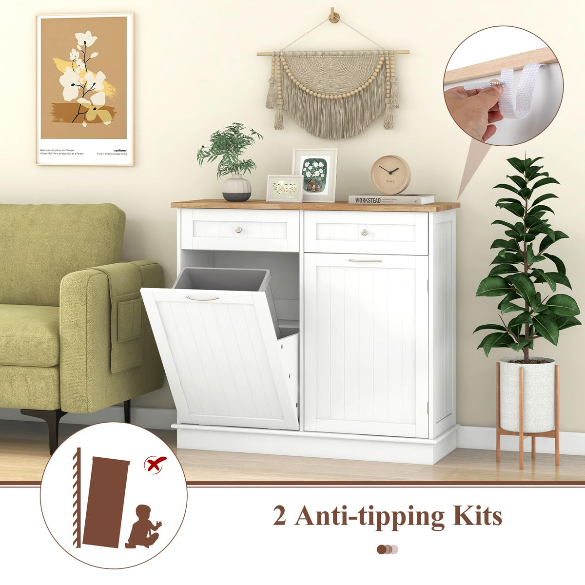 White Wooden Tilt Out Trash Bin Cabinet with Drawers G355