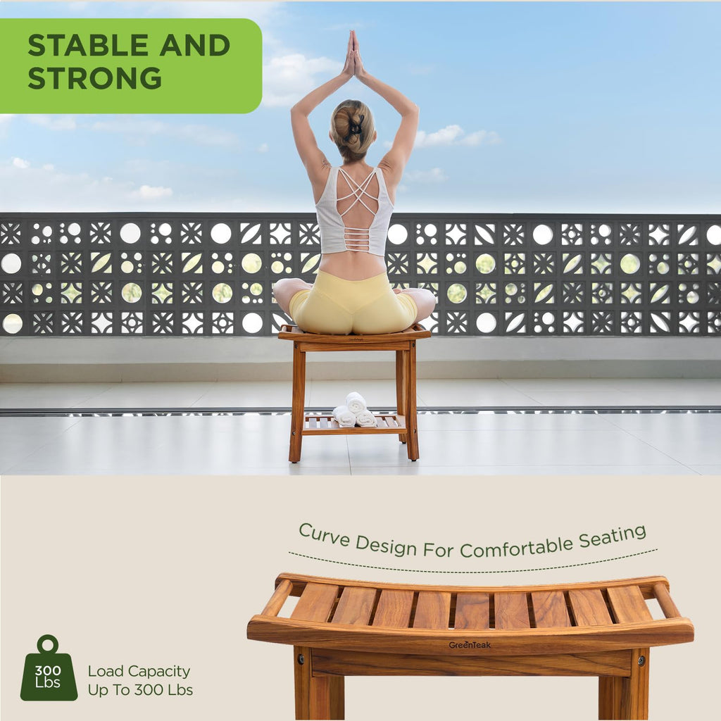 22" Teak Wood Shower Bench with Shelf & Handles X7073