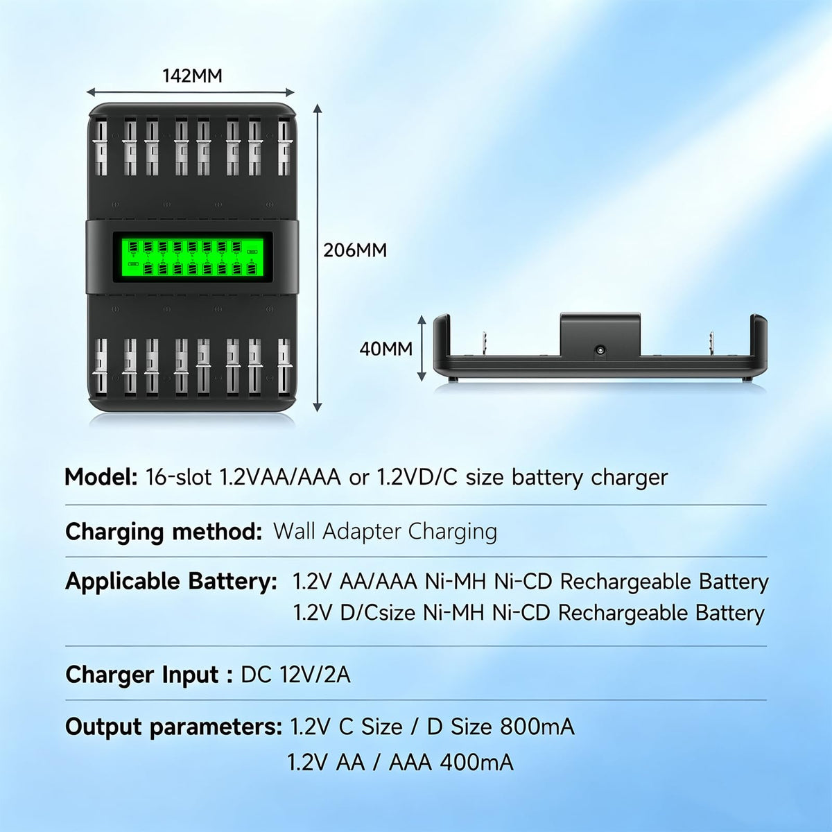 16 Bay AA AAA C D NiMH Battery Charger with LCD Display L805