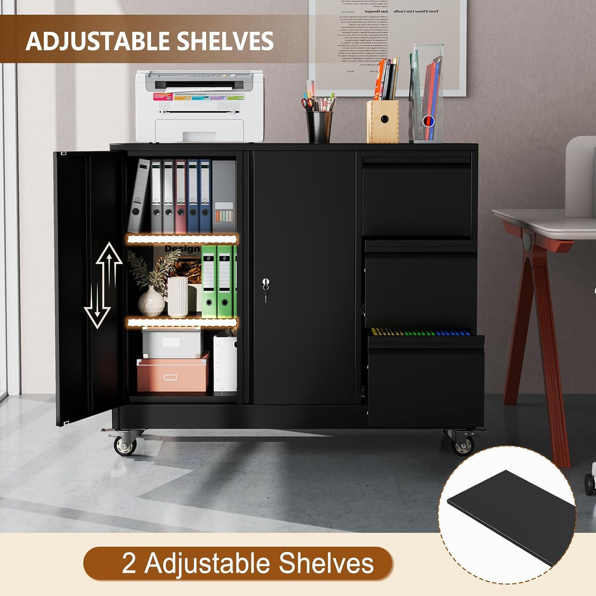 47" H 3 Drawer Black Rolling Metal File Cabinet with Adjustable Shelf & Wheels W2523