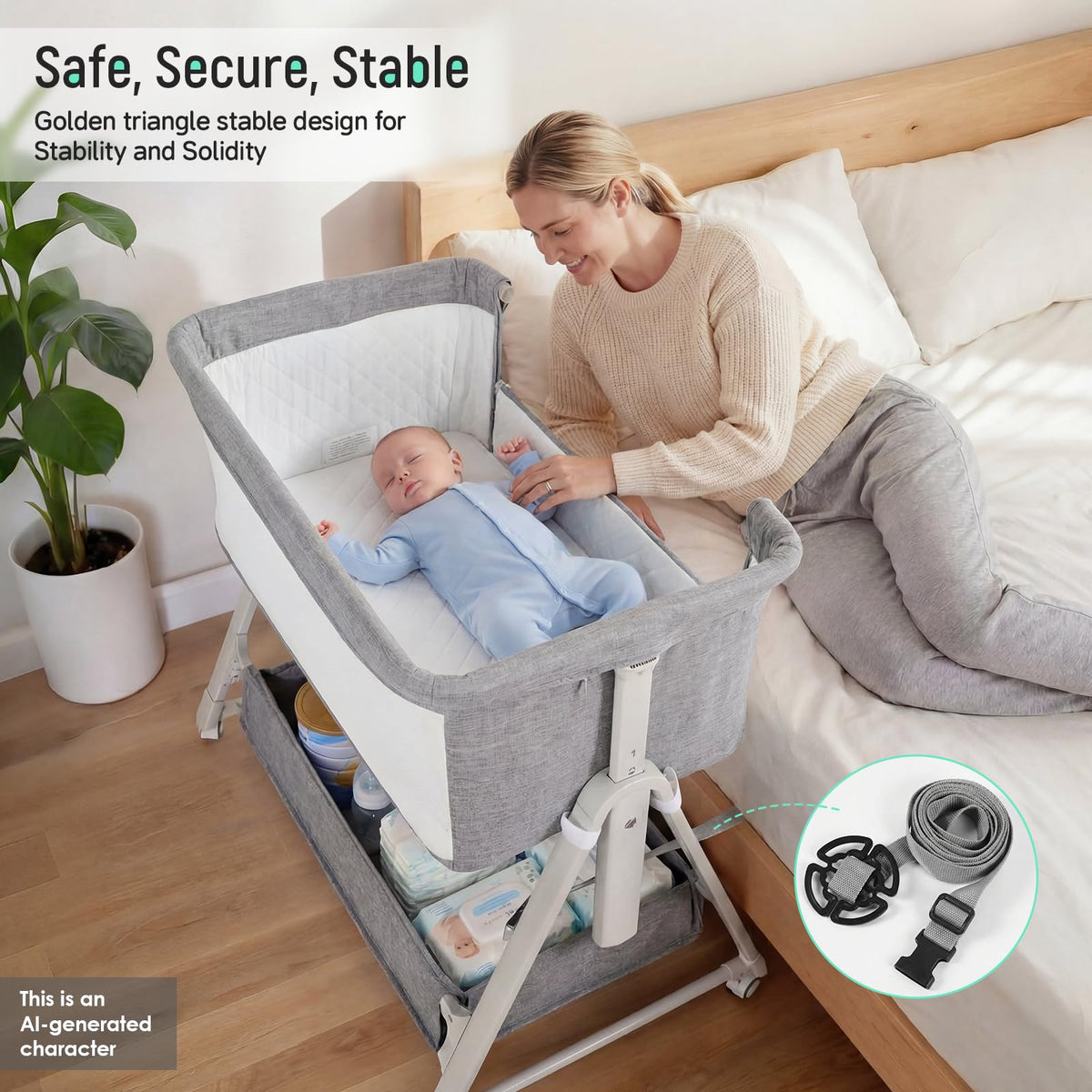 Baby Bassinet Bedside Crib with Mattress Wheel Storage Travel Bag Light Grey B87933