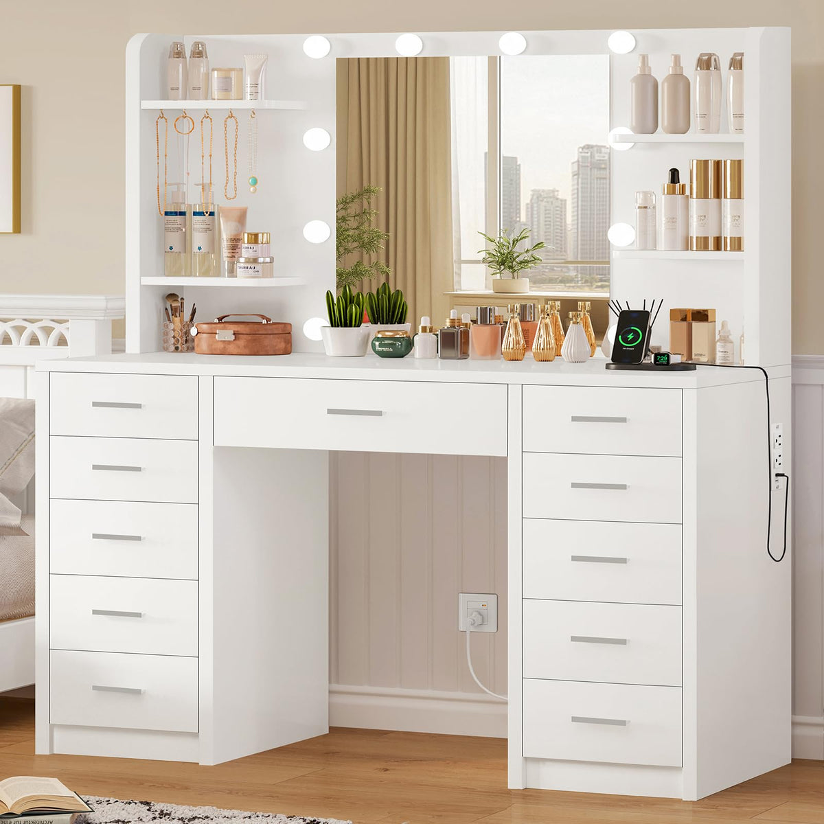 White Vanity Desk with Mirror and Lights V1308