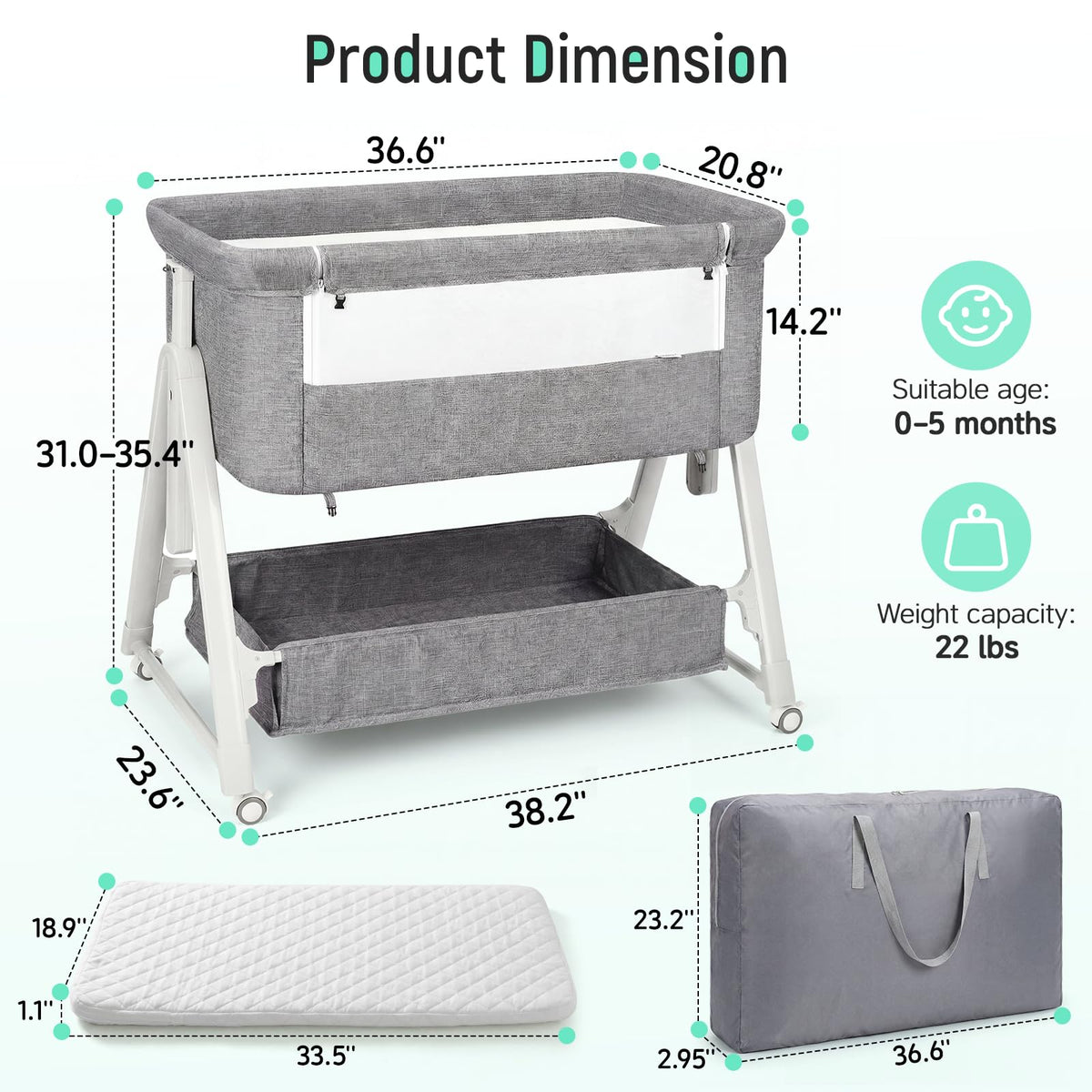 Baby Bassinet Bedside Crib with Mattress Wheel Storage Travel Bag Light Grey B87933