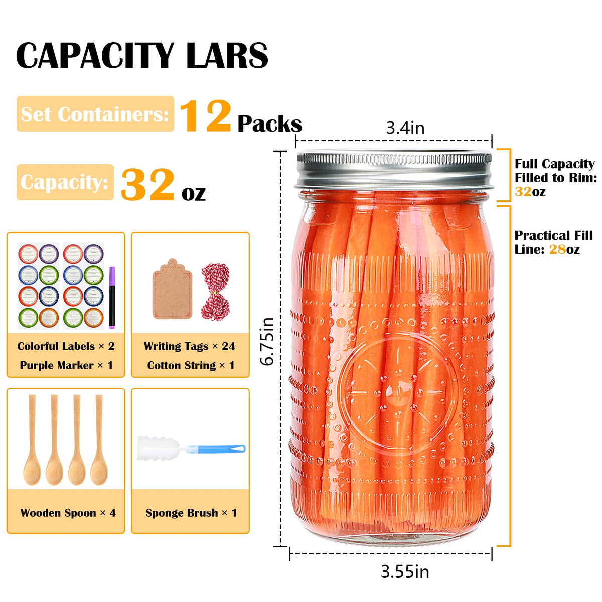 Wide Mouth Mason Jars with Lids 32oz 12 Pack O1004