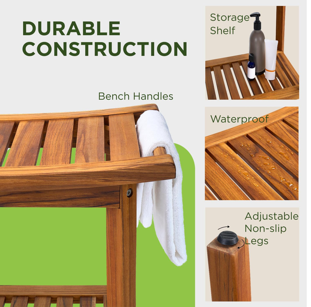 22" Teak Wood Shower Bench with Shelf & Handles X7073