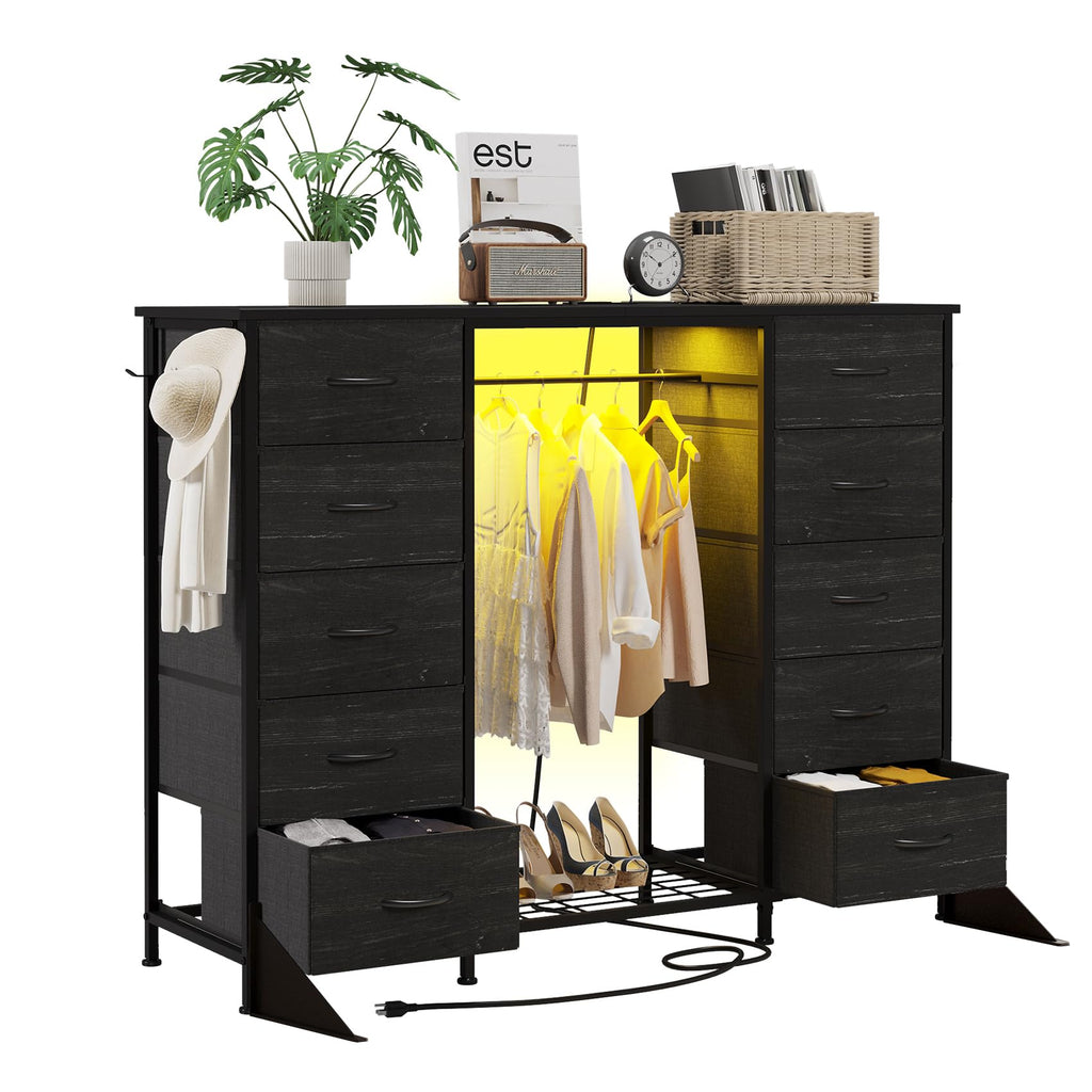 55"W Dresser with Hanging Rack, 10 Fabric Drawers & Hooks W18025