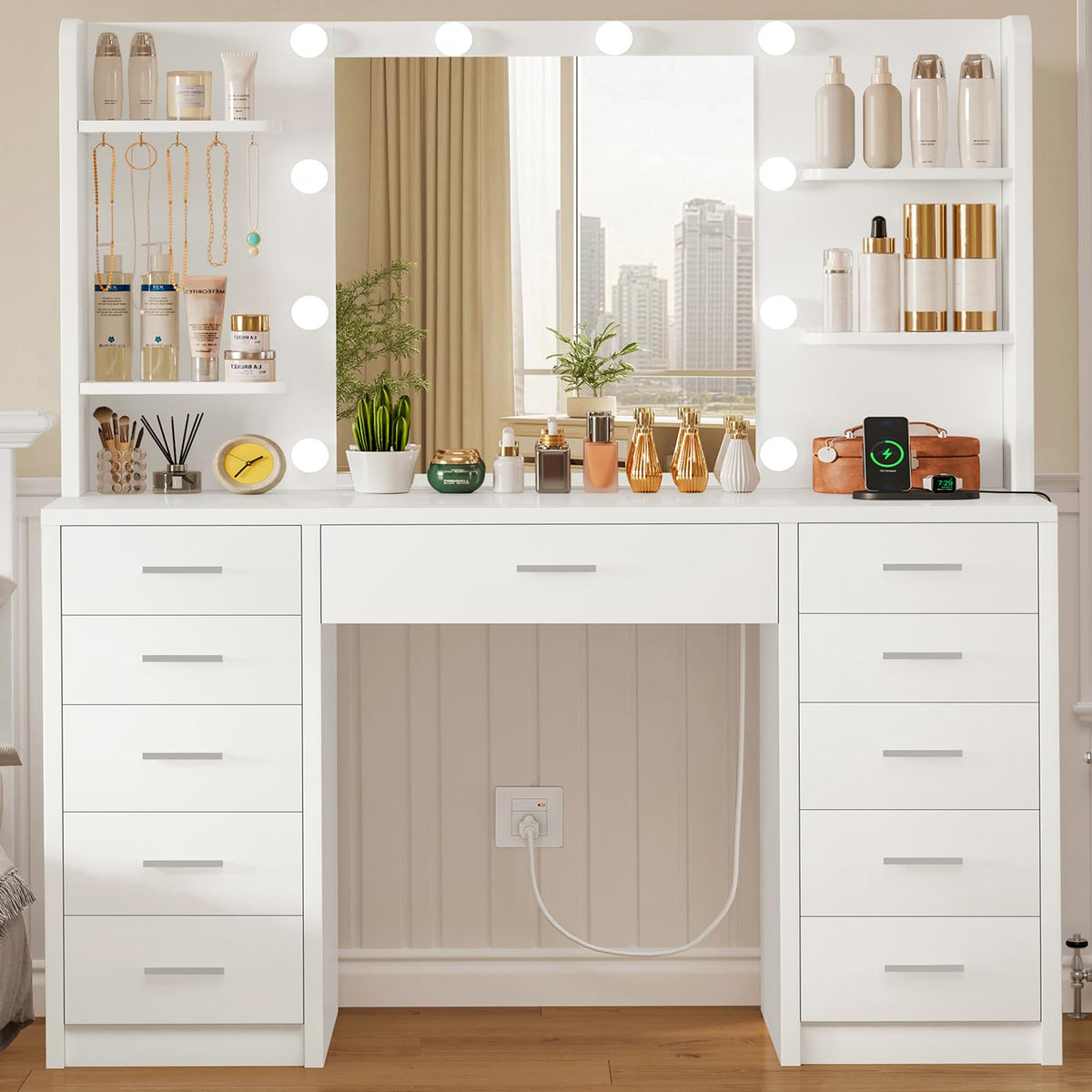 White Vanity Desk with Mirror and Lights V1308