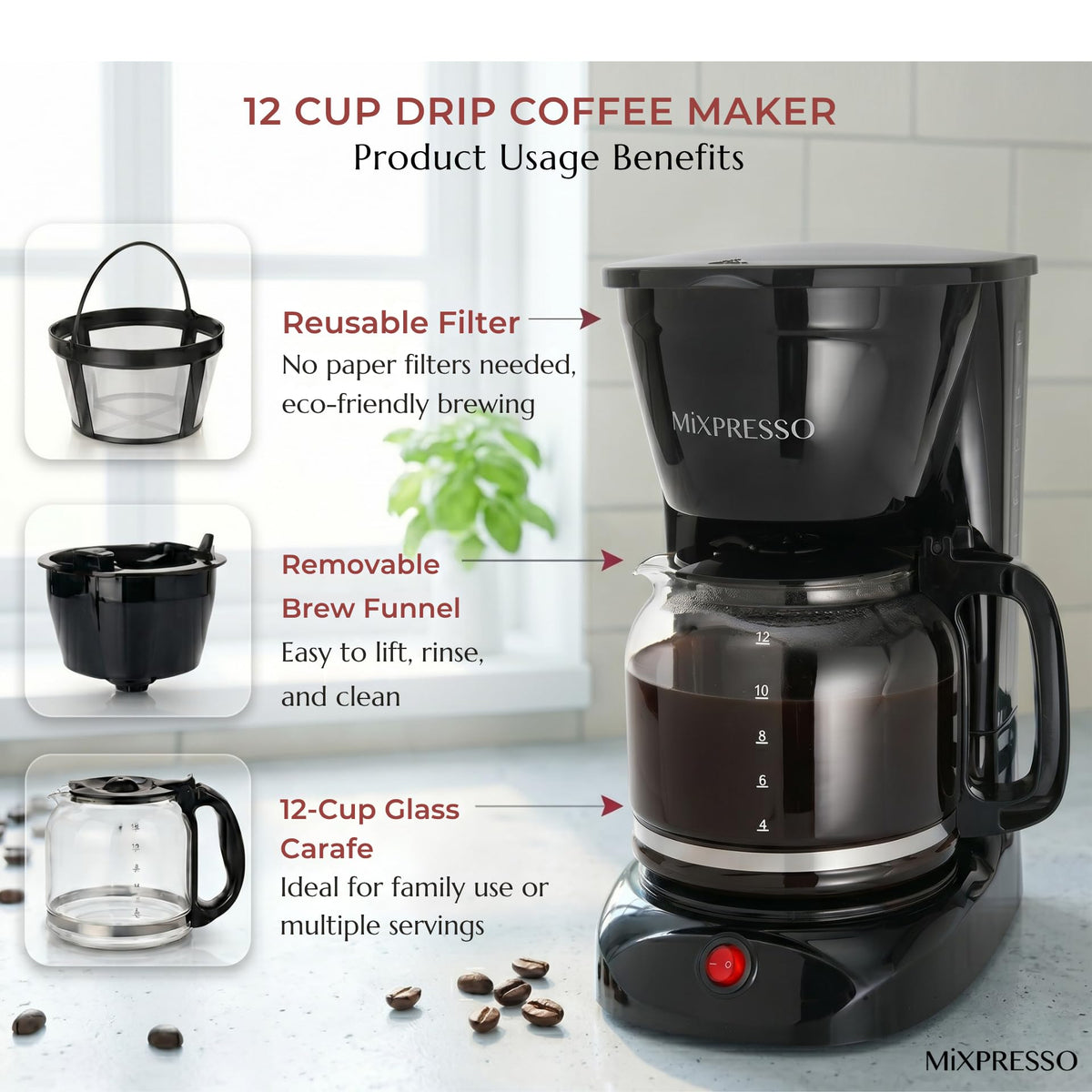12 Cup Drip Coffee Maker with Reusable Filter, Black Q159