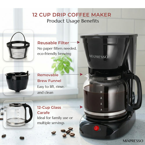 12 Cup Drip Coffee Maker with Reusable Filter, Black Q159