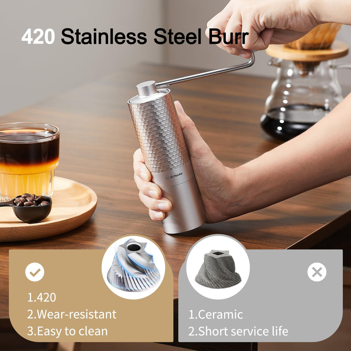 Manual Coffee Grinder, Stainless Steel Conical Burr Hand Grinder, 25g Coffee Bean Mill with Magnetic Handle, Dual Bearing Metal Body for Travel and Camping K566393