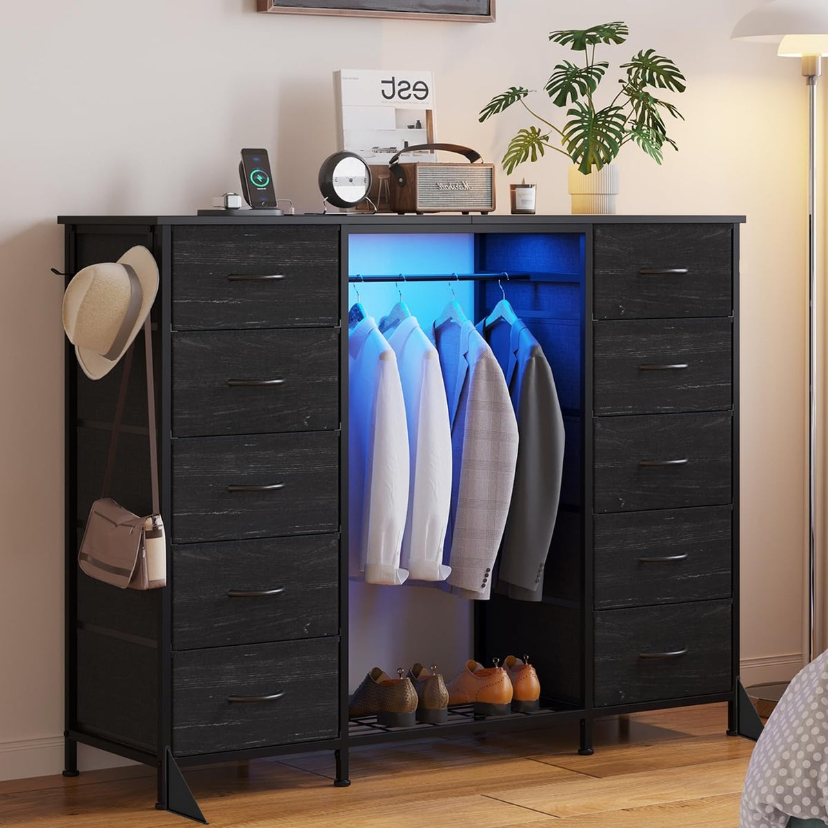 55"W Dresser with Hanging Rack, 10 Fabric Drawers & Hooks W18025