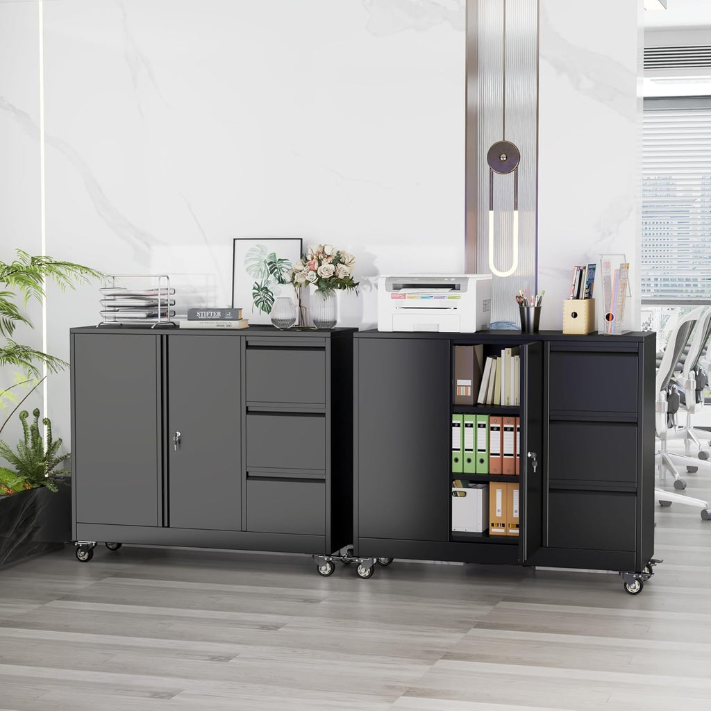 47" H 3 Drawer Black Rolling Metal File Cabinet with Adjustable Shelf & Wheels W2523