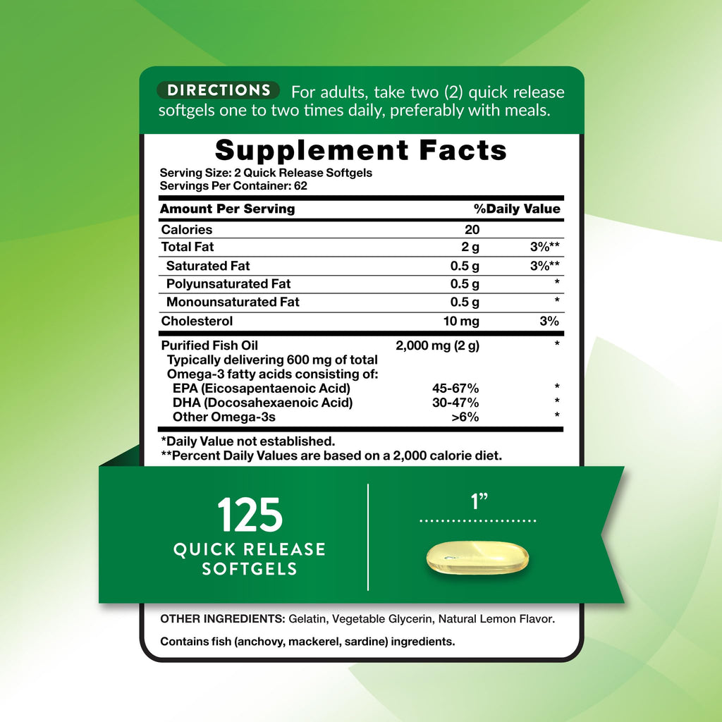 Omega 3 Fish Oil 2000 mg 125 Softgels N7933