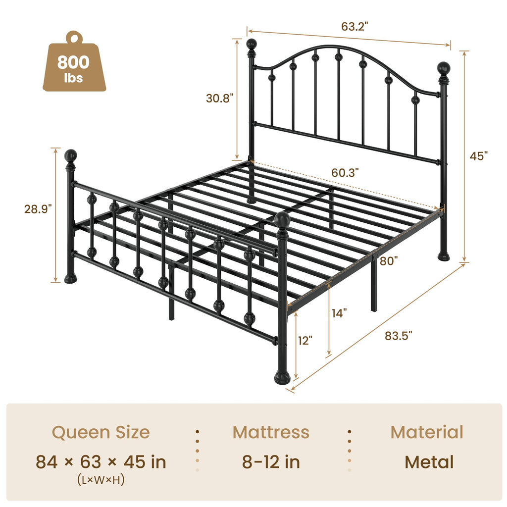 Queen Metal Bed Frame with Victorian Headboard and Footboard Black U274808