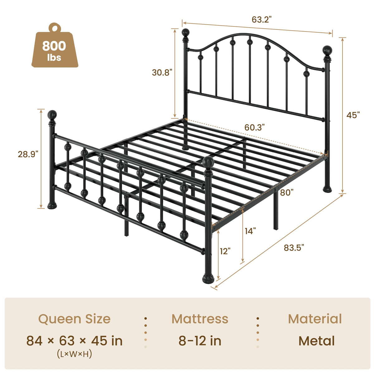 Queen Metal Bed Frame with Victorian Headboard and Footboard Black U274808