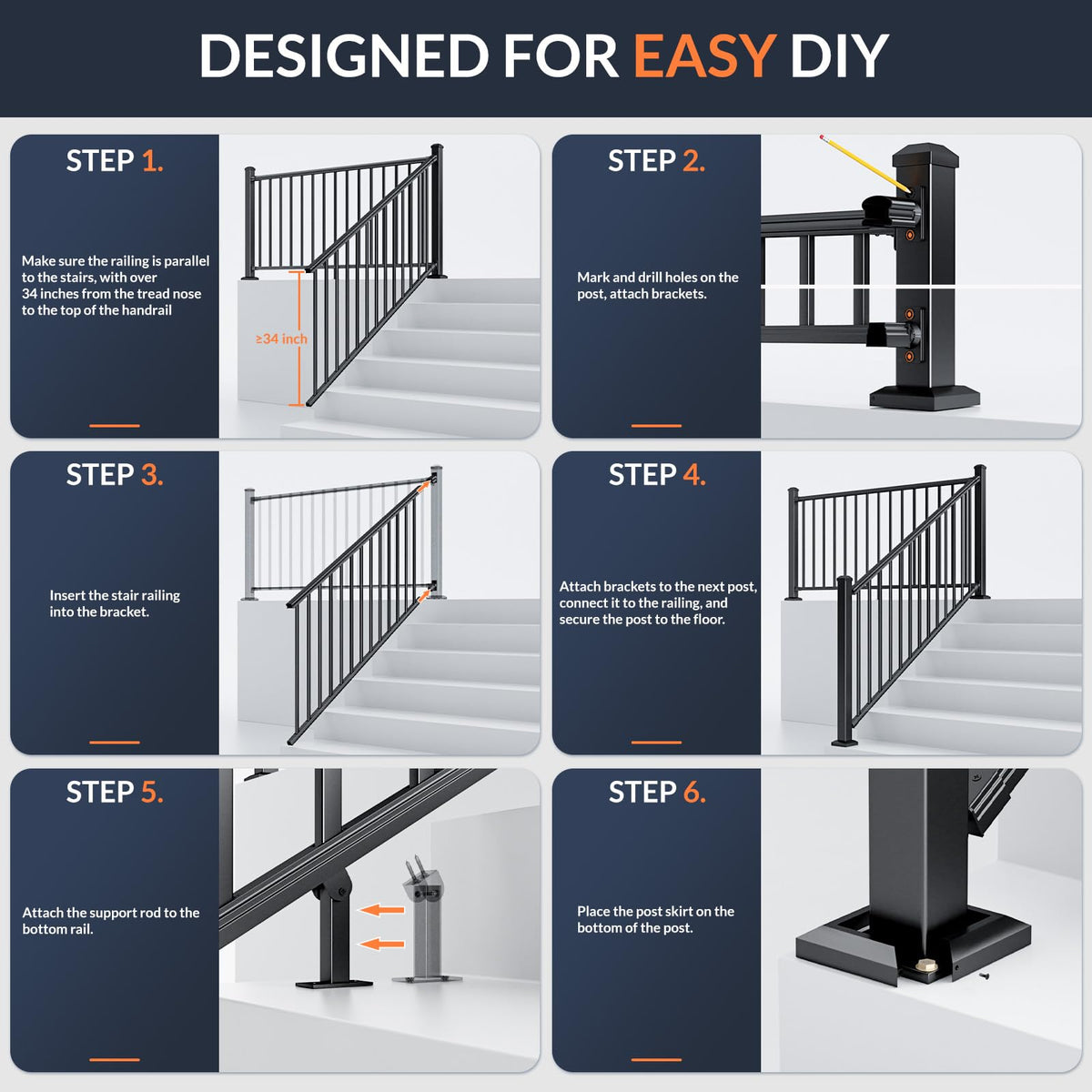 1 Pack 36 in x 6 ft Black Aluminum Stair Railing Kit J24663
