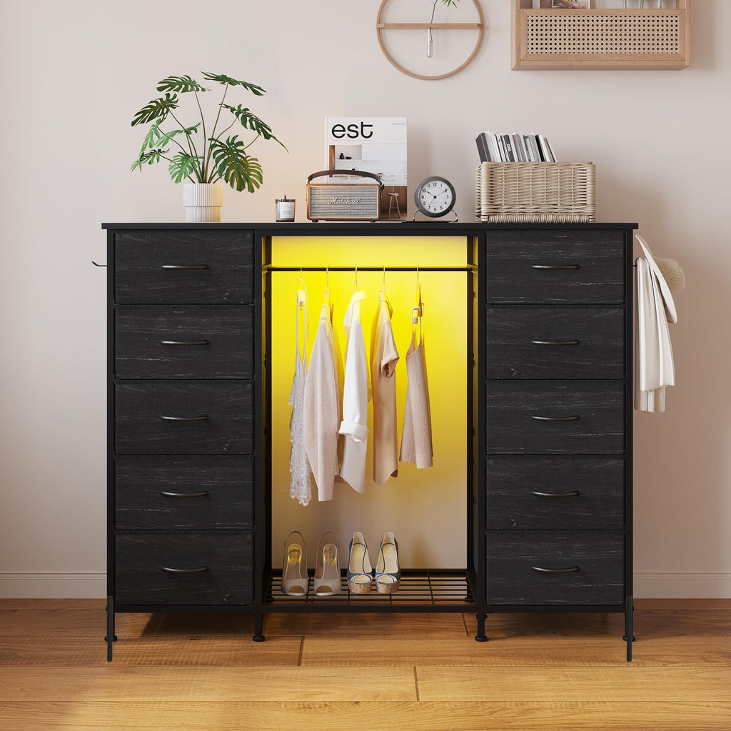55"W Dresser with Hanging Rack, 10 Fabric Drawers & Hooks W18025