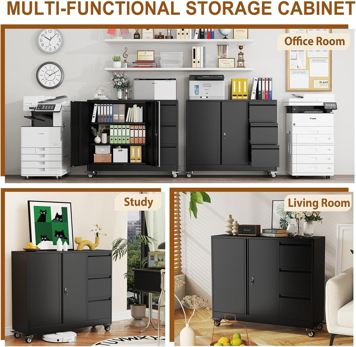 47" H 3 Drawer Black Rolling Metal File Cabinet with Adjustable Shelf & Wheels W2523