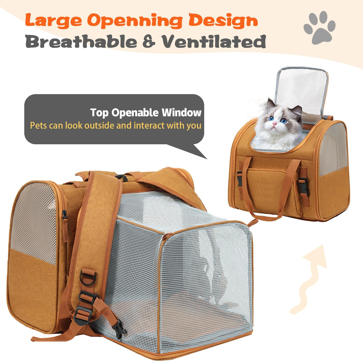 Brown Expandable Breathable Mesh Cat Carrier Backpack I67382