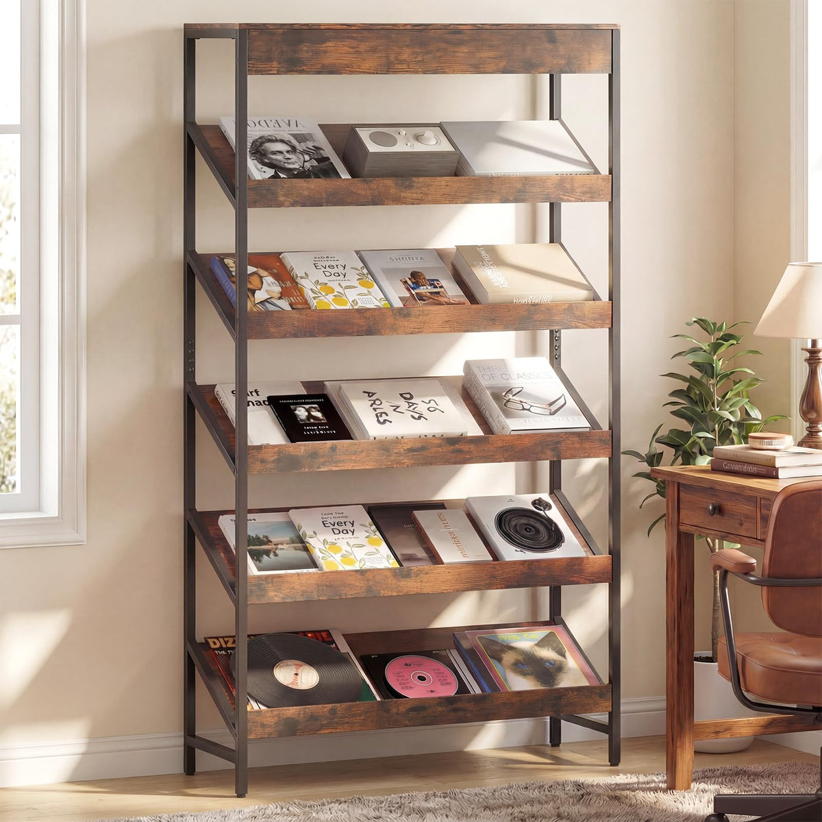 6-Tier Tall Freestanding Bookshelf with Angled Shelves X2421