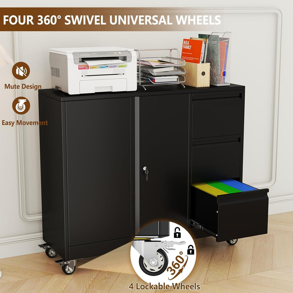 47" H 3 Drawer Black Rolling Metal File Cabinet with Adjustable Shelf & Wheels W2523