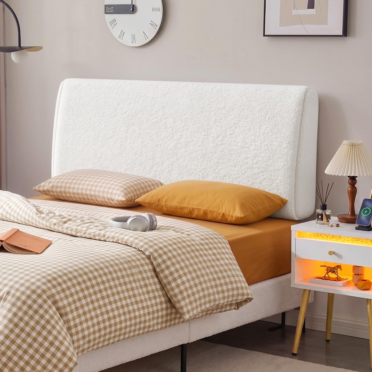 4.7" Upholstered Queen Size Headboard Teddy Velvet Beige T9359