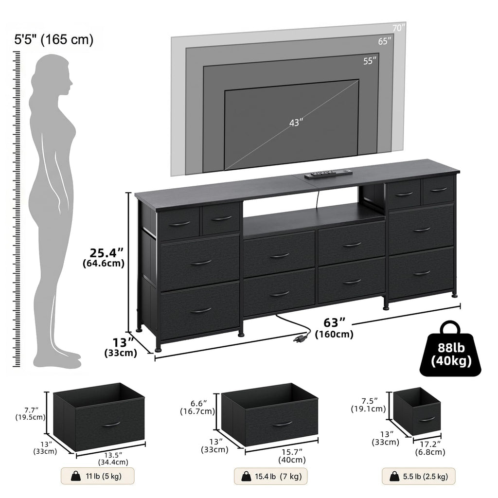 63 Inch 12 Drawer Black Dresser C81328