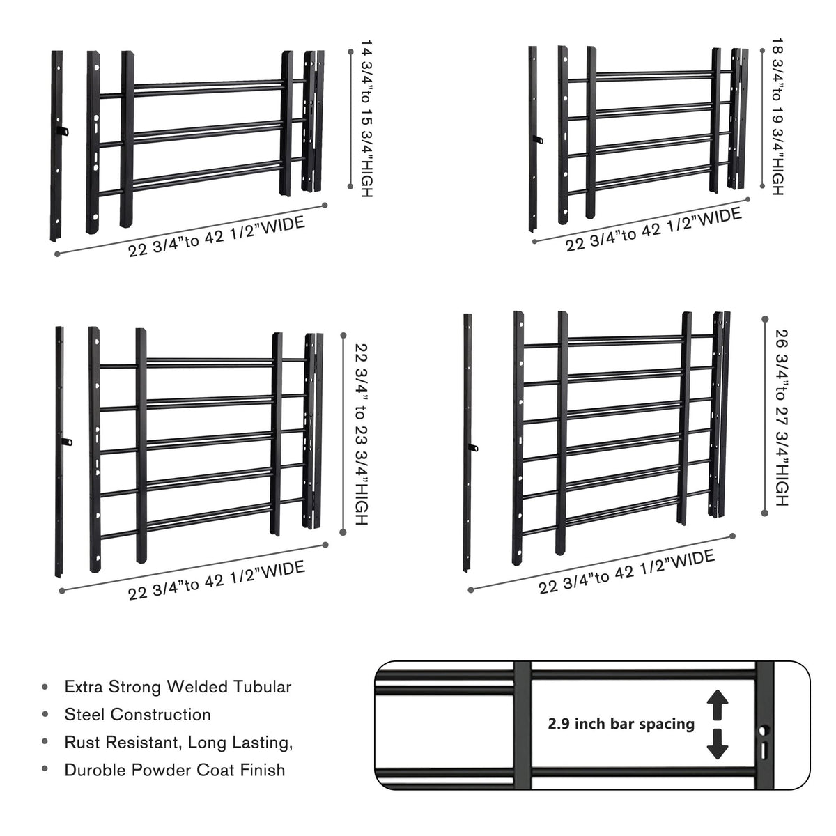 Black Adjustable Tubular Steel Window Security Bars M3479