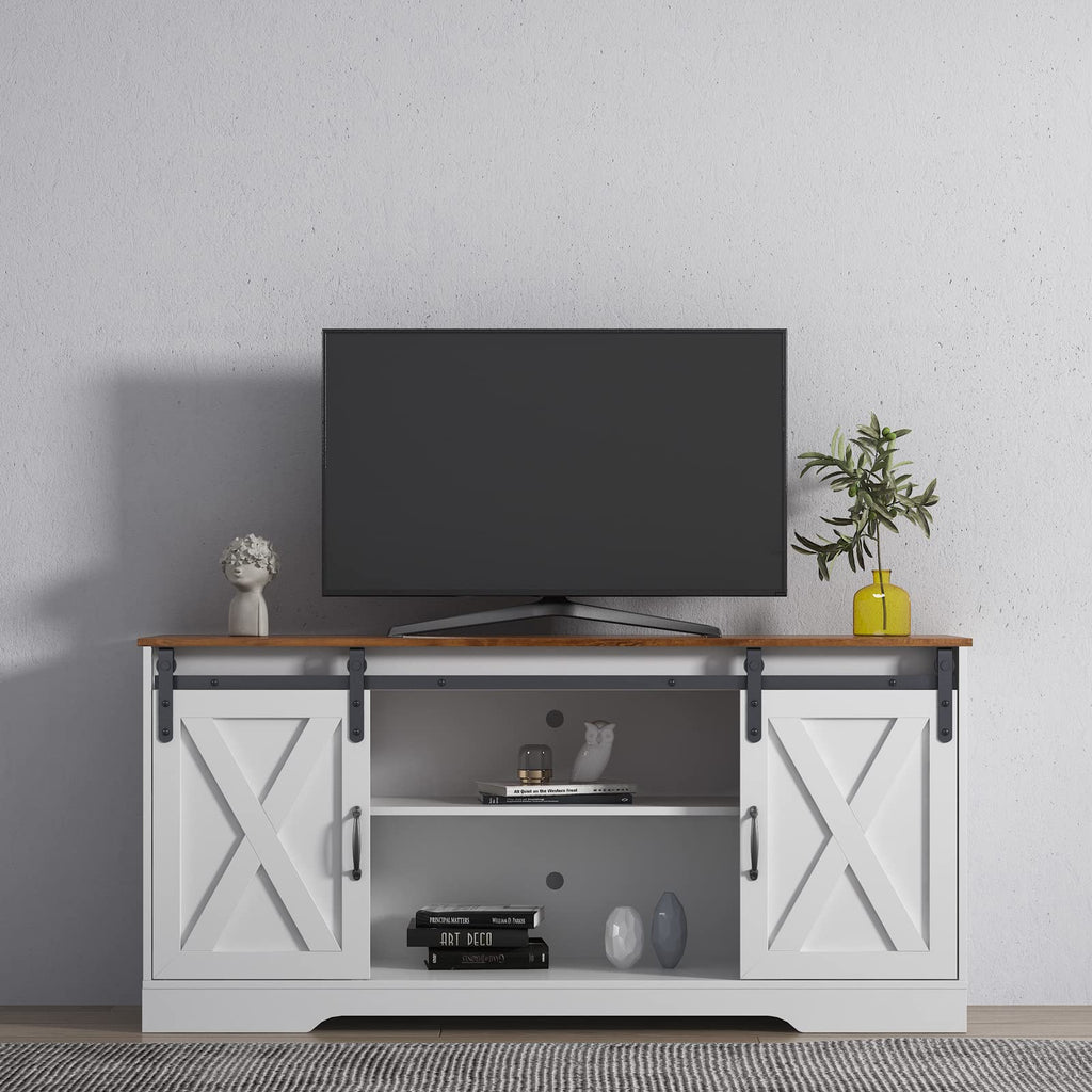 Sliding Barn Door Wood TV Stand with Adjustable Shelves D294